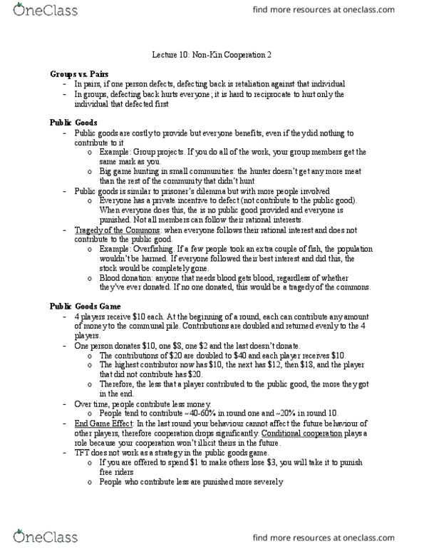 PSYC 3100 Lecture Notes - Lecture 10: Stotting, Public Goods Game, Big-Game Hunting thumbnail