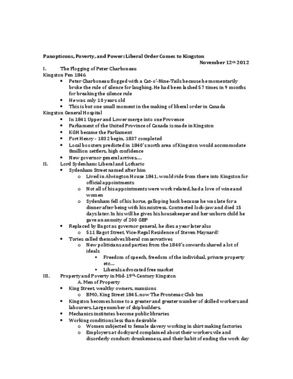 HIST 124 Lecture Notes - Responsible Government, Kingston Police, Kingston General Hospital thumbnail