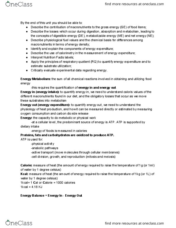 NUTR 3210 Lecture Notes - Lecture 3: Blood Sugar, Submersed, Calorimeter thumbnail