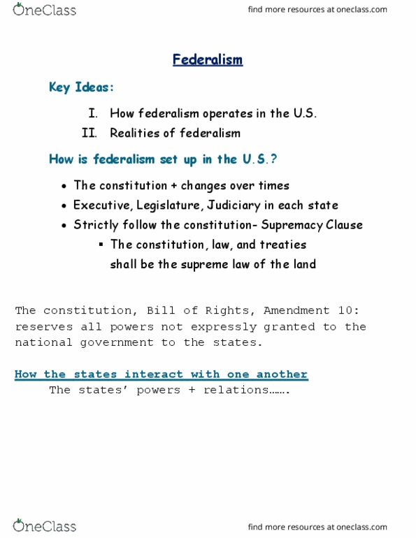 POSC 100 Lecture Notes - Lecture 3: Commerce Clause, Supremacy Clause thumbnail