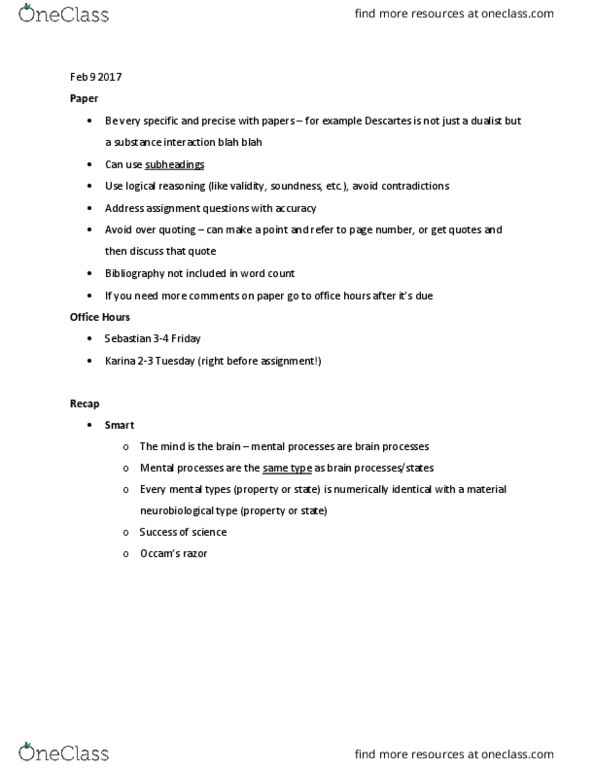 PHIL 1301 Lecture Notes - Lecture 8: Reductionism, Speedstep, Multiple Realizability thumbnail