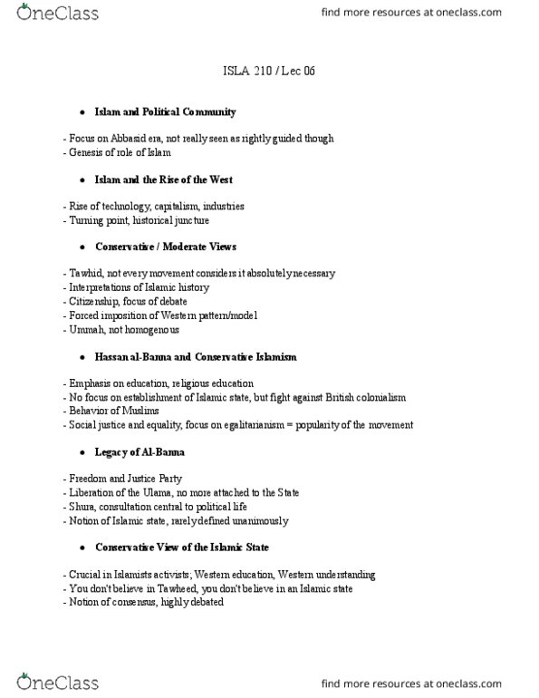 ISLA 210 Lecture Notes - Lecture 6: Ummah, Rashidun, Fiqh thumbnail