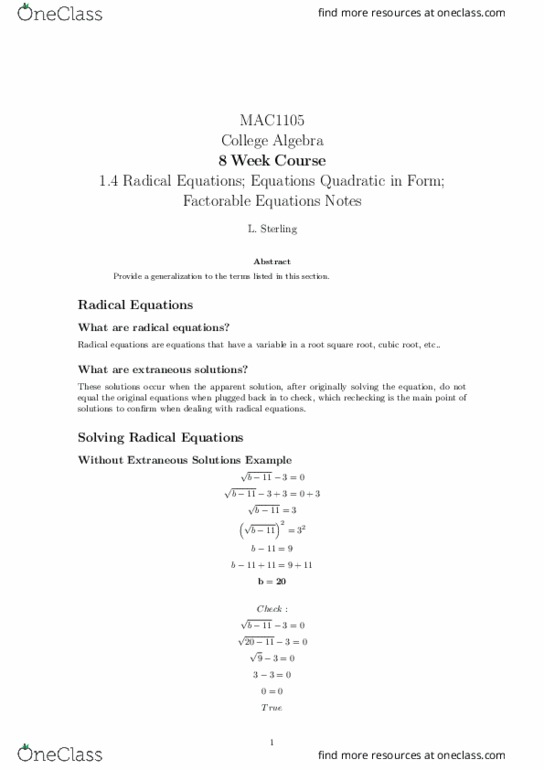 MAC1105 Lecture 2: 1.4 Radical Equations; Equations Quadratic in Form; Factorable Equations Notes thumbnail