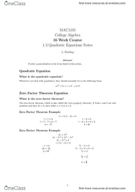 MAC1105 Lecture 2: 1.3 Quadratic Equations Notes thumbnail