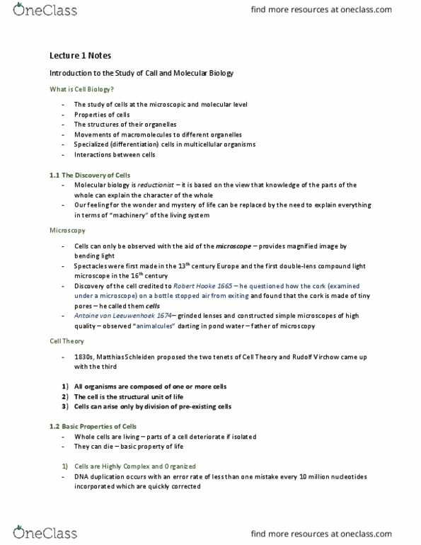 PSYB51H3 Lecture 1: Lecture 1 Notes Introduction to the Study of Call and Molecular Biology thumbnail