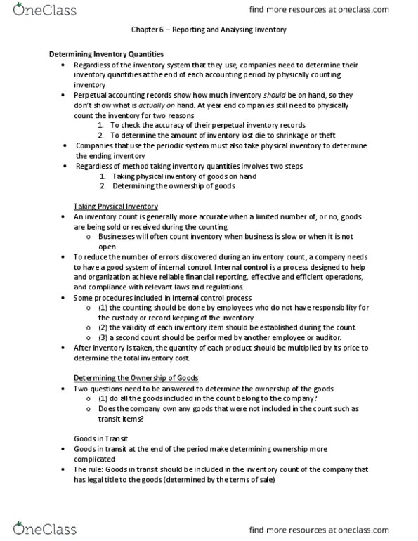 ACCT 1220 Chapter 6: Reporting and Analyzing Inventory thumbnail