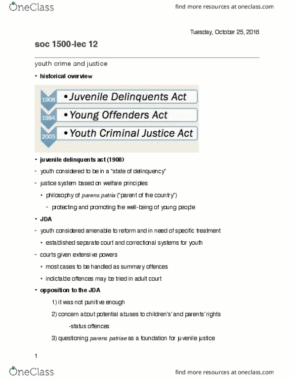 SOC 1500 Lecture Notes - Lecture 12: Restorative Justice, Parens Patriae, Young Offenders Act thumbnail