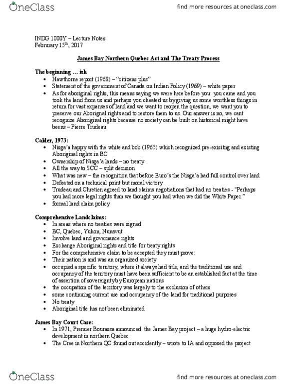 INDG 1000Y Lecture Notes - Lecture 17: Treaty, International Trade, James Bay Project thumbnail