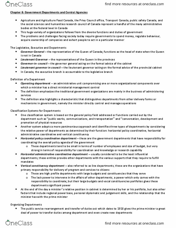 POLS 2250 Chapter Notes - Chapter 6: United Kingdom Cabinet Committee, Treasury Board Secretariat, Treasury Board thumbnail