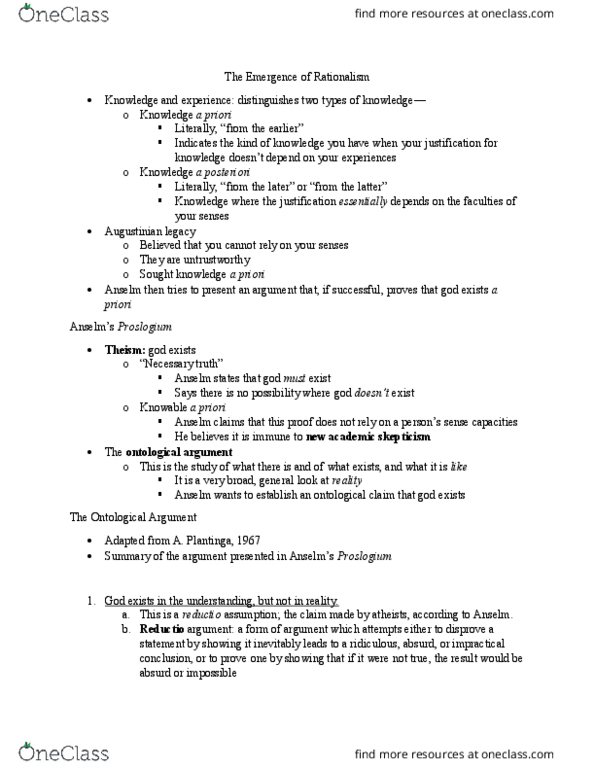 PHI 205 Lecture Notes - Lecture 10: Proslogion, Academic Skepticism, Theism thumbnail