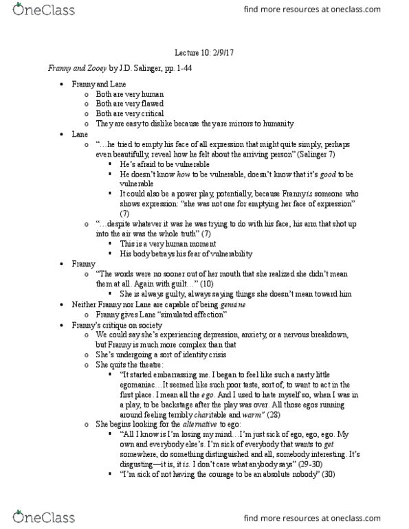 ENG 208 Lecture 10: Discussion of Franny and Zooey by J.D. Salinger, pgs. 1-44 thumbnail