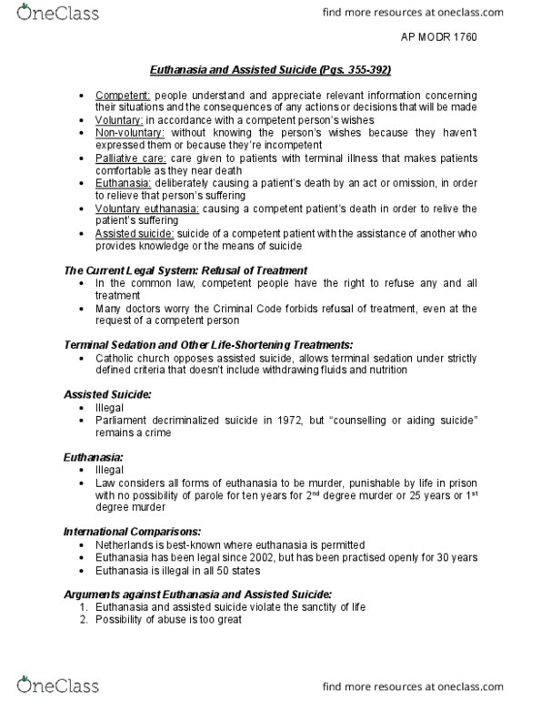 MODR 1760 Chapter Notes - Chapter 9: Voluntary Euthanasia, Palliative Care, Palliative Sedation thumbnail