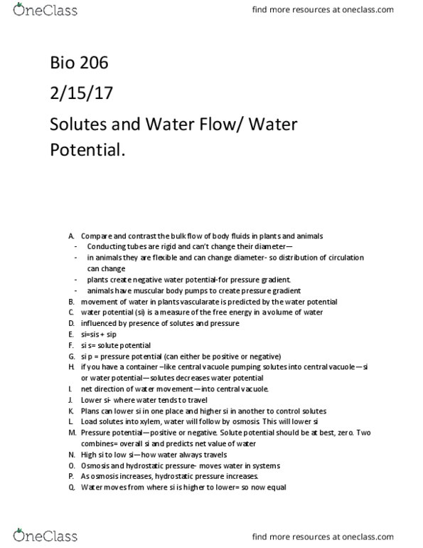 BIOL 206 Lecture Notes - Lecture 18: Hydrophile, Symplast, Plasmodesma thumbnail