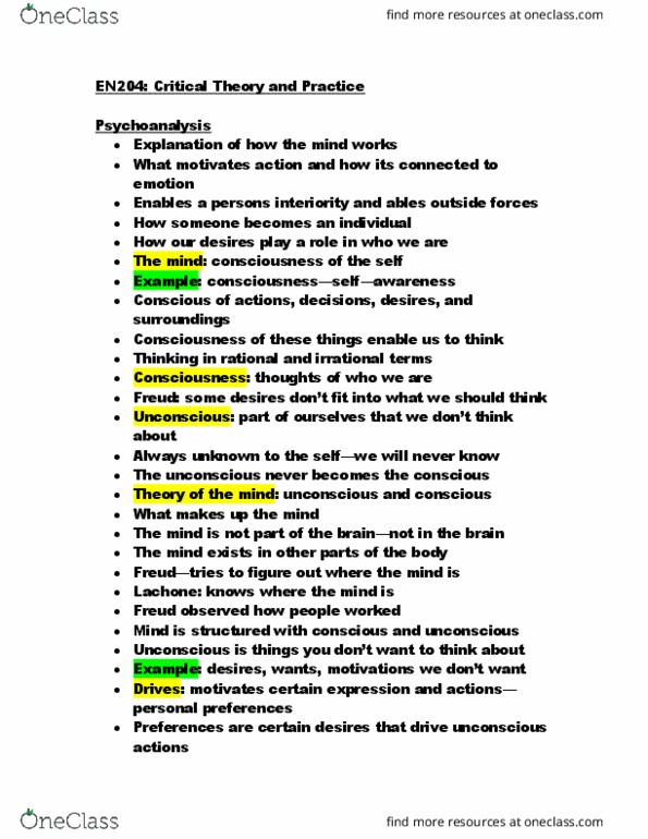 EN 204 Lecture Notes - Lecture 10: Psychoanalysis thumbnail