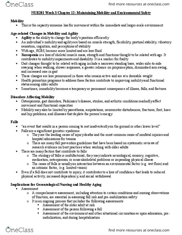 Nursing NUR201 Chapter Notes - Chapter 12: Berg Balance Scale, Environmental Hazard, Orthostatic Hypotension thumbnail