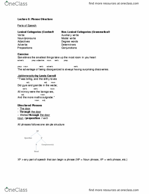 LINGUIST 1AA3 Lecture Notes - Lecture 3: Adverbial Phrase, Noun Phrase, Lewis Carroll thumbnail