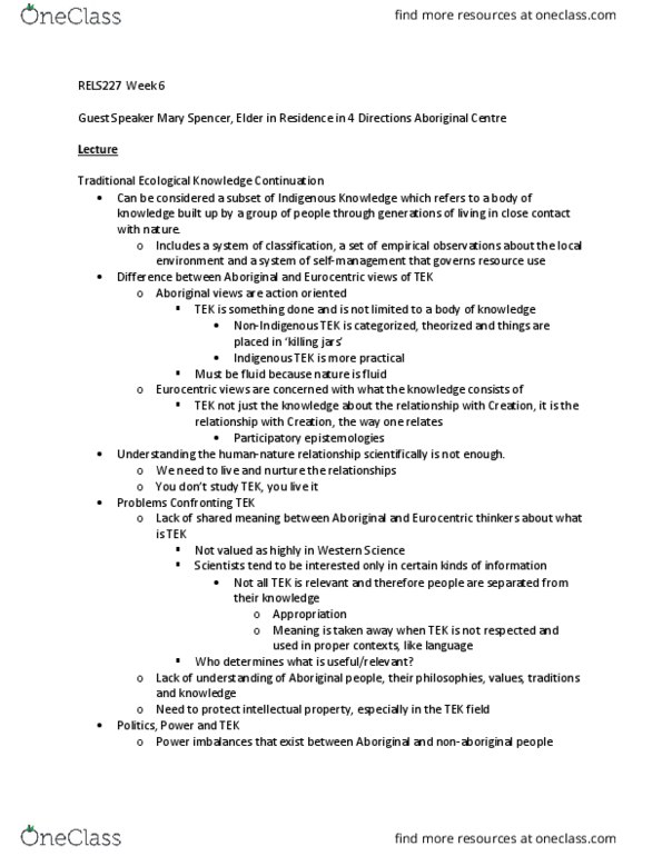 RELS 227 Lecture Notes - Lecture 6: System Dynamics, Traditional Ecological Knowledge, Mary Spencer thumbnail