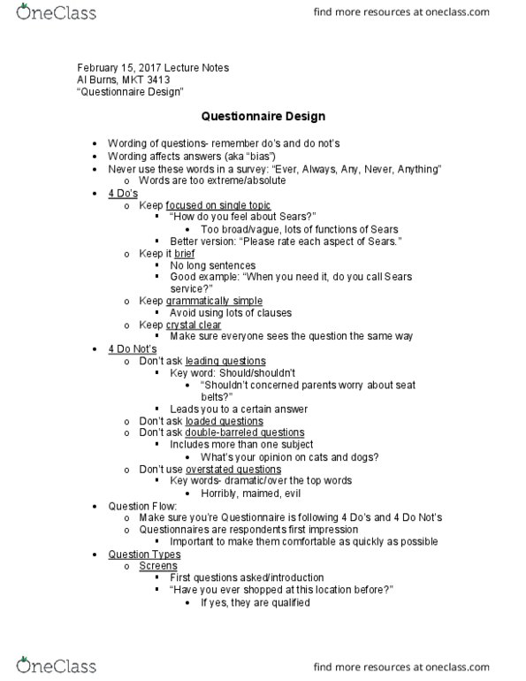 MKT 3413 Lecture 9: MKT 3413 Lecutre 9- Questionnaire Design Notes- Chp 8 (2.15.17) thumbnail