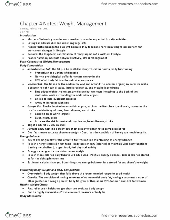 Health Sciences 1001A/B Chapter 4: Chapter 4 Notes- Weight Management thumbnail
