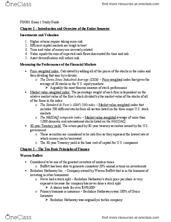 FIN 301 Midterm: FIN301 Exam 1 Study Guide - OneClass