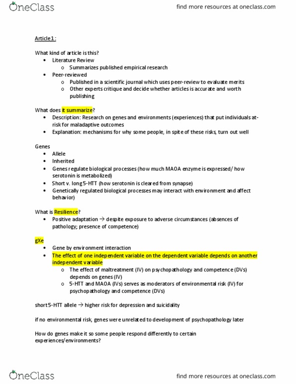 PSY 220 Lecture Notes - Lecture 7: Executive Functions, Amygdala, Monoamine Oxidase A thumbnail