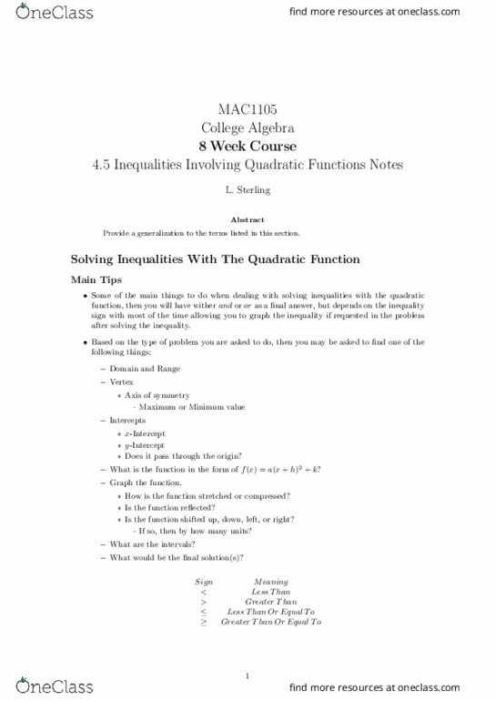MAC1105 Lecture Notes - Lecture 14: Inequality (Mathematics), Quadratic Function thumbnail