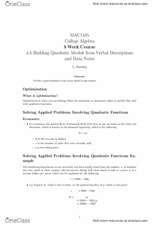 MAC1105 Lecture 17: 4.4 Building Quadratic Models from Verbal Descriptions and Data Notes thumbnail