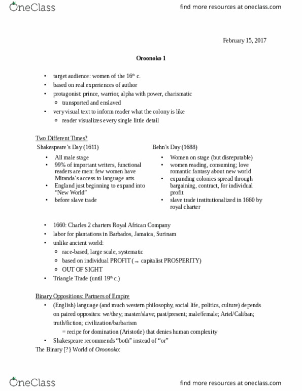 HUMAN 1B Lecture Notes - Lecture 11: Aeneid, Coromantee, Oroonoko thumbnail