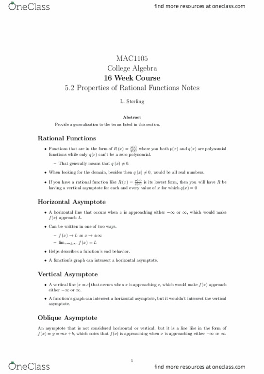 MAC1105 Lecture 19: 5.2 Properties of Rational Functions Notes thumbnail