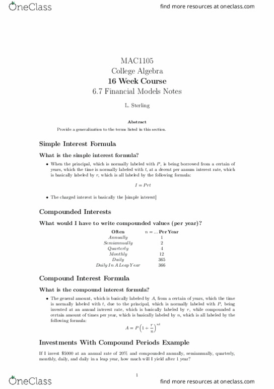 MAC1105 Lecture 28: 6.7 Financial Models Notes thumbnail