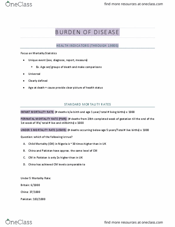 HSCI 160 Lecture Notes - Lecture 3: Disability-Adjusted Life Year, Disease Burden, Parasitic Disease thumbnail