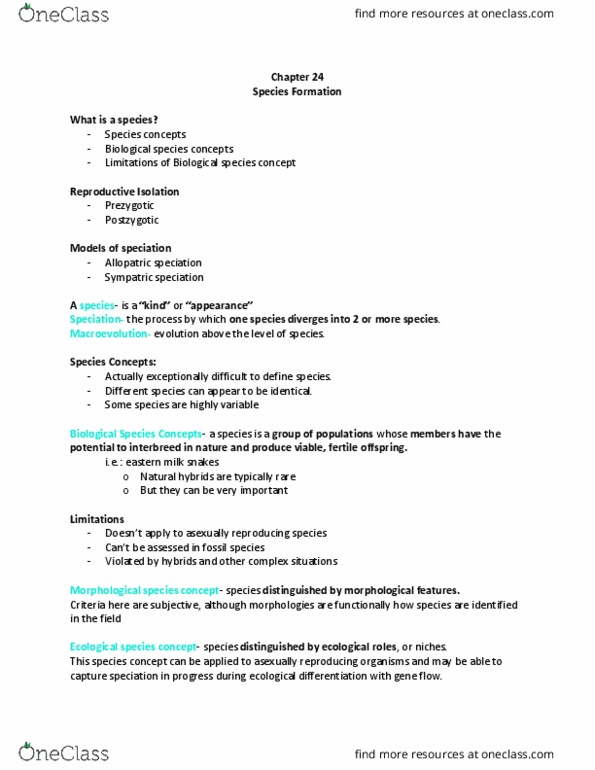 LIFE 102 Lecture Notes - Lecture 24: Alpheidae, Species Problem, Sympatric Speciation thumbnail