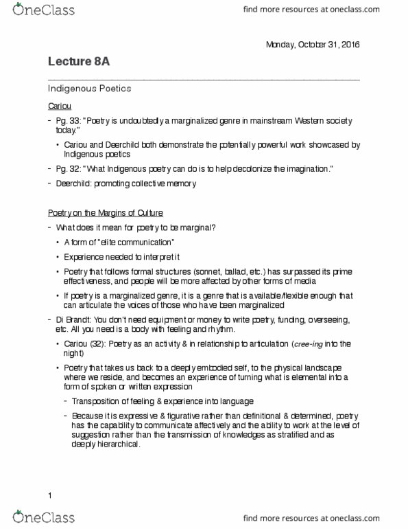 ENGLISH 2RW6 Lecture Notes - Lecture 8: Di Brandt, Physical Geography, Terra Nullius thumbnail