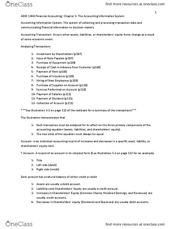 ADM 1340 Chapter Notes - Chapter 3: Accounting Information System, Trial Balance, General Ledger thumbnail