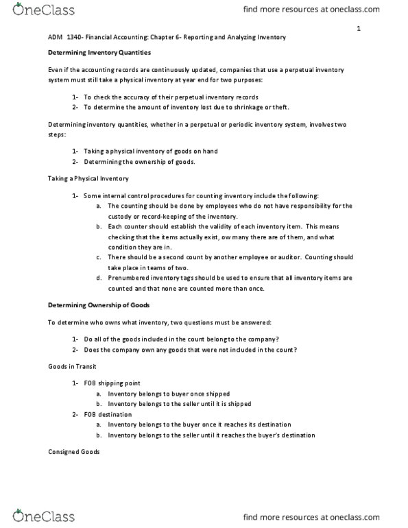 ADM 1340 Chapter Notes - Chapter 6: Inventory Turnover, Income Statement, Internal Control thumbnail