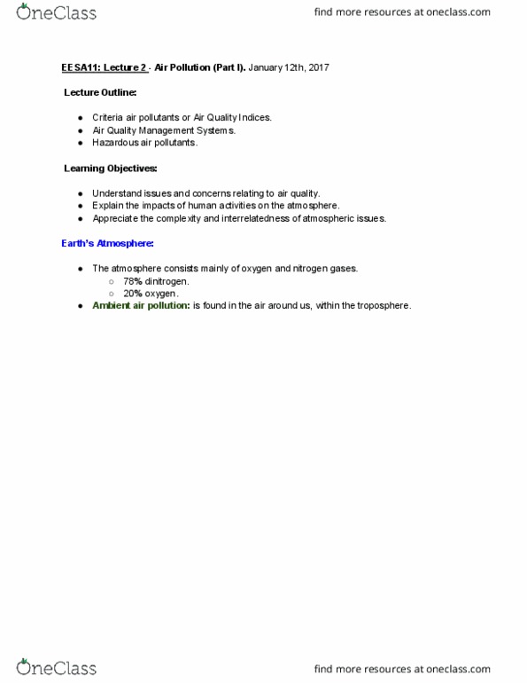 EESA11H3 Lecture Notes - Lecture 2: Global Warming Potential, Great Smog Of London, Nitrogen Dioxide thumbnail