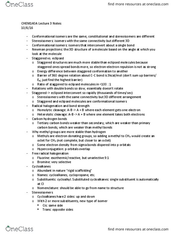 CHEM 140A Lecture Notes - Lecture 3: Free-Radical Halogenation, Staggered Conformation, Newman Projection thumbnail