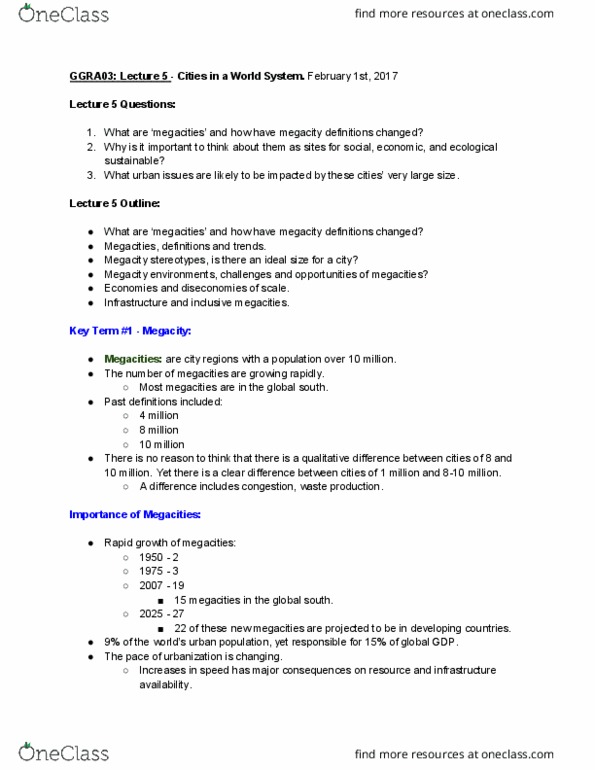 GGRA03H3 Lecture Notes - Lecture 5: Urban Sprawl, Megacity, Quality Of Life thumbnail