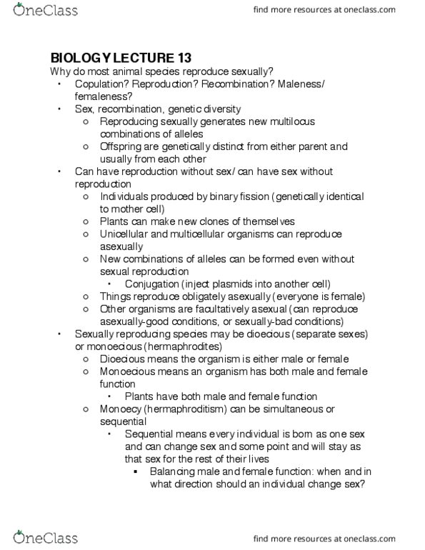 Biology 1001A Lecture Notes - Lecture 13: Plant Reproductive Morphology, Genetic Recombination, Dioecy thumbnail