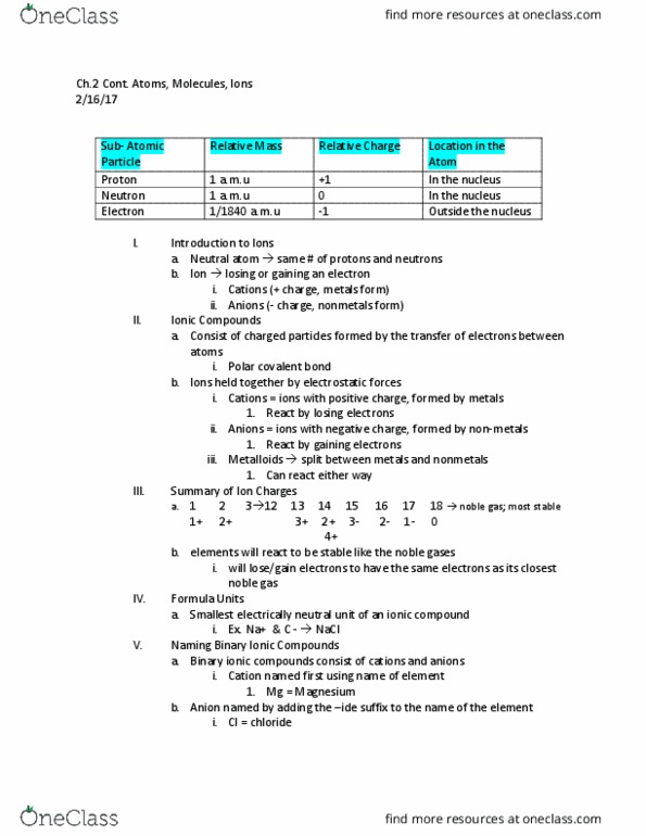 CHEM103 Lecture Notes - Lecture 3: Noble Gas, Ionic Compound, Ion thumbnail