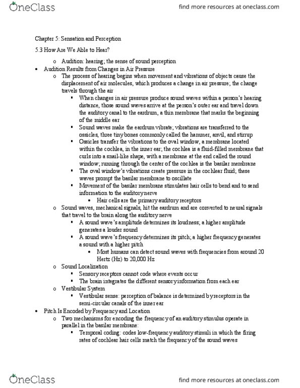 PSYCH 1000 Chapter Notes - Chapter 5.3-5.4: Basilar Membrane, Semicircular Canals, Oval Window thumbnail