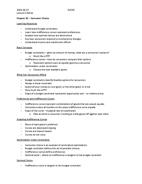 EC120 Lecture Notes - Lecture 5: Budget Constraint, Indifference Curve, Demand Curve thumbnail