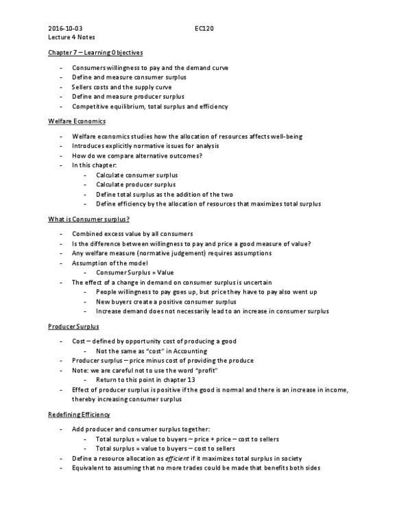 EC120 Lecture Notes - Lecture 4: Economic Surplus, Demand Curve, Economic Equilibrium thumbnail