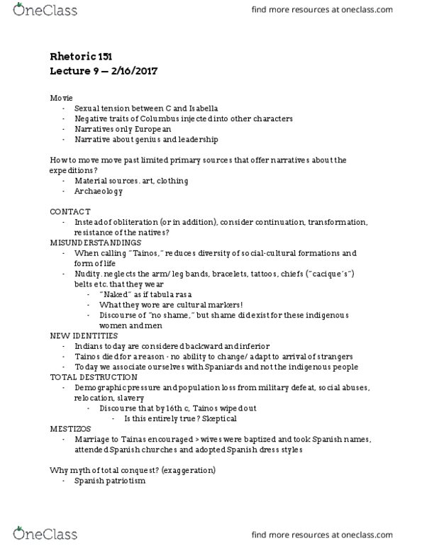 RHETOR 151 Lecture Notes - Lecture 9: Tabula Rasa, Nudity, Diego Columbus thumbnail