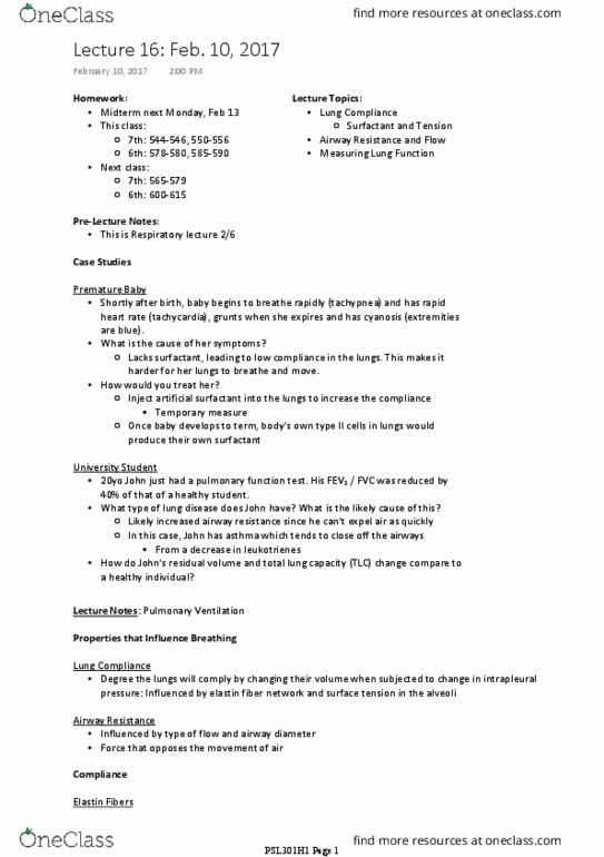 PSL301H1 Lecture Notes - Lecture 16: Breathing, Pulmonary Function Testing, Elastic Fiber thumbnail