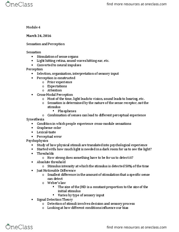 PSYC 101 Lecture Notes - Lecture 4: Hermann Von Helmholtz, Basilar Membrane, Detection Theory thumbnail