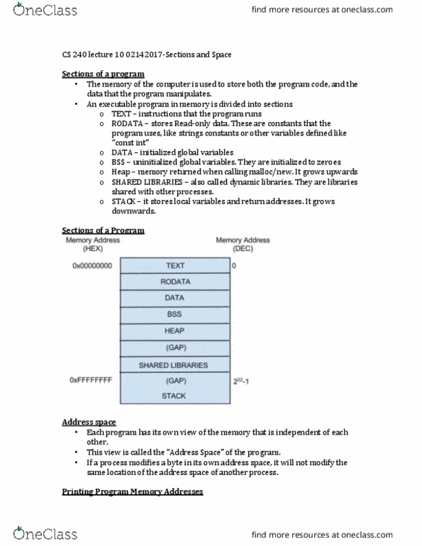 CS 24000 Lecture Notes - Lecture 10: C Dynamic Memory Allocation, Address Space thumbnail