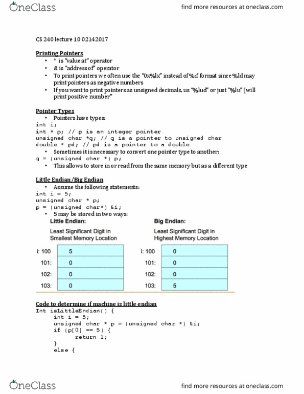 CS 24000 Lecture Notes - Lecture 10: Endianness, Address Space, C Dynamic Memory Allocation thumbnail