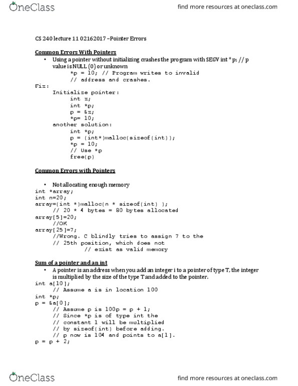 CS 24000 Lecture Notes - Lecture 11: C Dynamic Memory Allocation, In C thumbnail