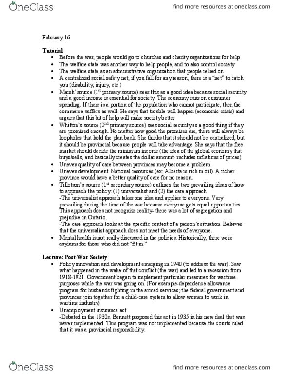 HIST 2500 Lecture Notes - Lecture 19: Unemployment Insurance Act 1920, Old Age Security, Unemployment Benefits thumbnail